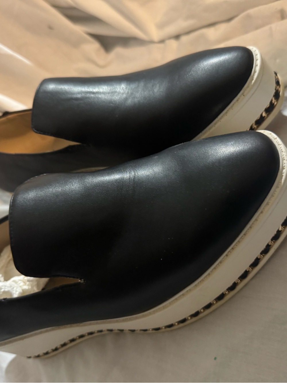 Levi's Black Leather Slip-On Wedge Loafers with White Platform and Chain Accent